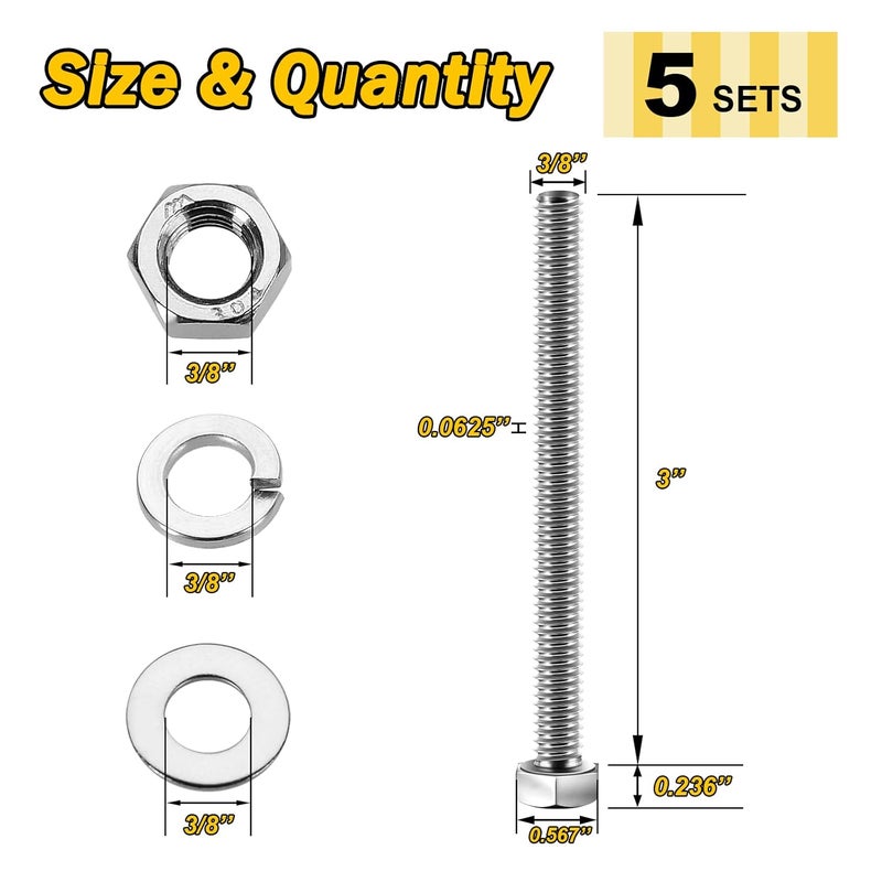 MYWISH (5 Sets) 3/8-16x4 Hex Head Assorted Screws Nuts and Bolts with Flat & Lock Washers, 304 Stainless Steel 18-8, Fully Threaded, 3/8 Bolt Metric Bolt Assortment - Image 2